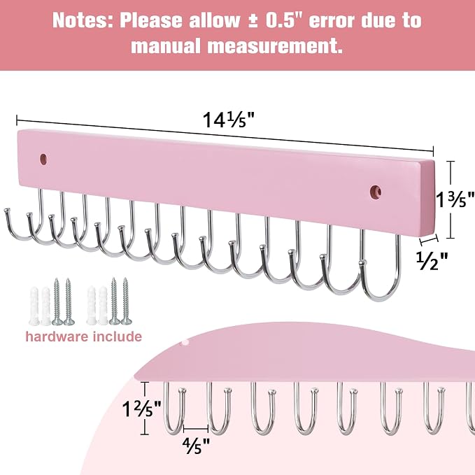 SCUNDA Wall Mounted Necklace Holder, Morden Style Necklace Holder, Tangle Free Wall Jewelry Organizer with 28 Hooks(2 Packs,Pink)