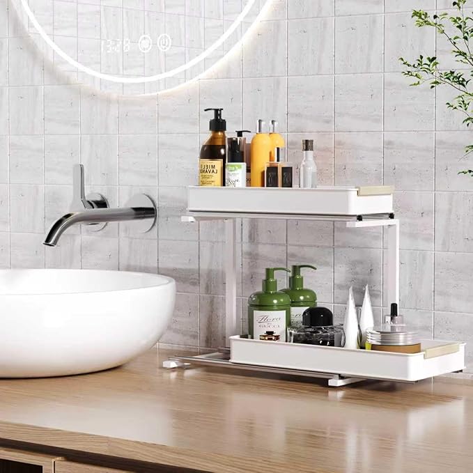 AndUp Under Sink Organizer, 2 Tiers Pull Out Bathroom Organizers and Storage, Slide Out Cabinet Organizer Shelf for Kitchen Bathroom, Multi-Purpose Collection Organizer Drawer Shelf (White, 1pcs)