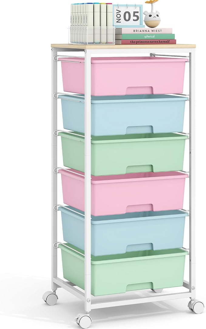 Rolling Storage Cart with 6 Drawers and Wooden Tabletop, Lockable Wheels Utility Cart for Art Studios, Office Supplies & Craft Room Organization (Rainbow)