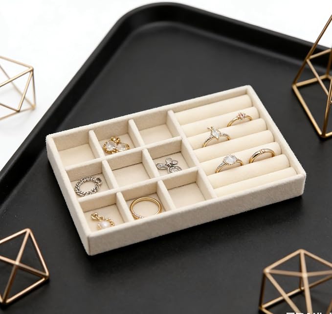 Velvet Jewelry Organizer Trays Beige Stackable Jewelry Storage Display Tray with Removable Dividers, 9 Grids and Rolls