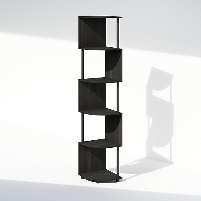 Furinno Basic Book Shelf, 5-Tier Bookshelf, Bookcase with Zigzag Corner Shelf, 14.2 x 14.2 x 71.2, for Living Room, Bedroom, Home Office, Amber Pine/Black