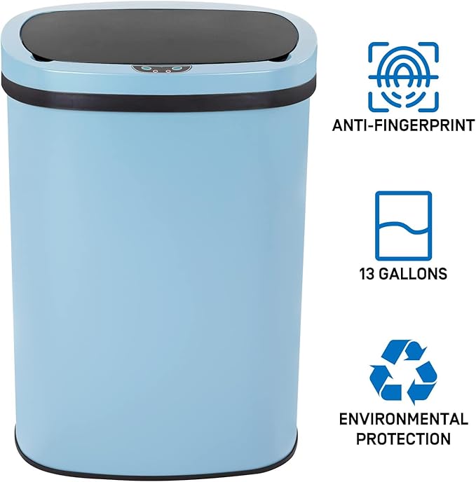 Bigacc 13 Gallon Automatic Touchless Trash Can with Lid, 50L Capacity, Stainless Steel, Blue, 16 x 11 x 23 in