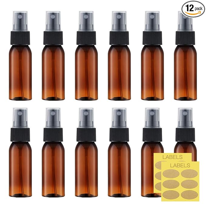 LISAPACK 1oz Amber Small Plastic Spray Bottle (12 Pack) Empty Mini Fine Mist Travel Size Atomizer, Tiny Sprayer for Little Perfume, Water, Cologne, Alcohol, Samples (Brown, 30ml)