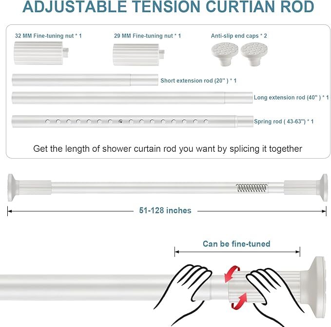ZOCONE Tension Curtain Rod No Drilling 51-128 Inch (4.25-10.5Ft), Outdoor Curtain Rod for Patio, Heavy Duty Long Tension Rod, Adjustable Spring Loaded Shower Curtain Rod for Bathroom Window, White