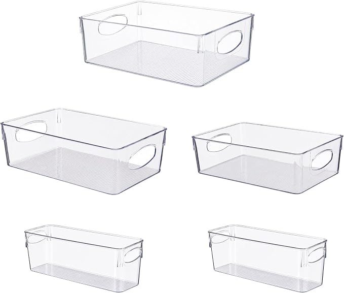UFORU 5 Pack Clear Plastic Pantry Organizers and Storage with Handles | Non-slip Bottom Stability, Space-Saving Stackable Design, Clear Visibility, Thickened Plastic, Multi-Scene Storage Solutions