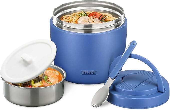 Itslife 32oz Insulated Soup Thermo, Vacuum Stainless Steel Food Jar for Hot & Cold Food, Leakproof Wide Mouth Lunch Container with Spoon (Blue)