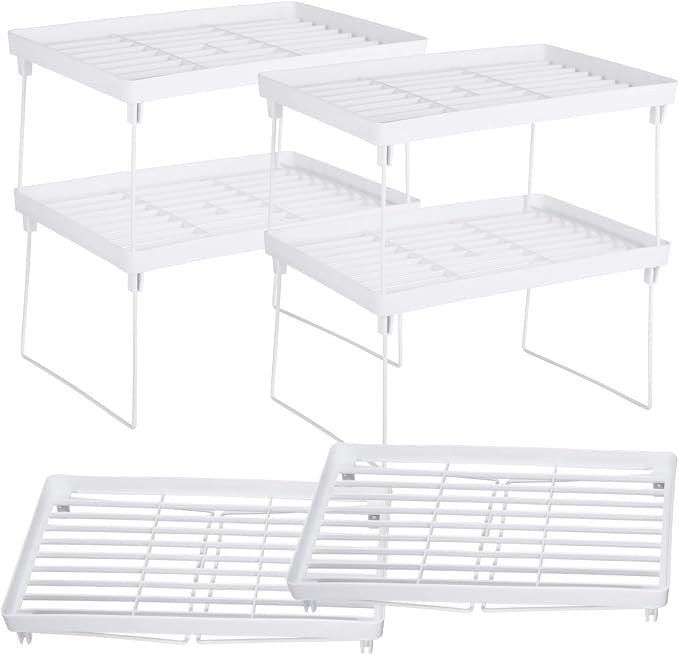 Homaisson 6 PCS Cabinet Storage Shelf Rack, Foldable Cabinet Organizer Shelf, White Stackable Plastic Kitchen Storage shelves Foldable Rack for Kitchen, Fridge, Bathroom