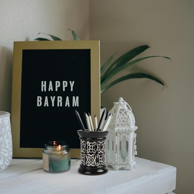 Printed Pencil Holder, Cute Pen Holder for Desk, Ceramic Carved Cylinder Pencil Holder, Office Decoration Container Islamic Style(Black)