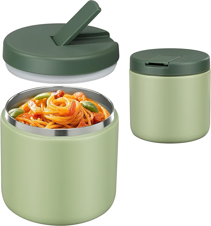 Pawtong 19oz Insulated Vacuum Food Jar with Buckle Lid Wide Mouth Soup Thermo for Hot Food Kids Leakproof Stainless Steel Lunch Container- Green-1Pack