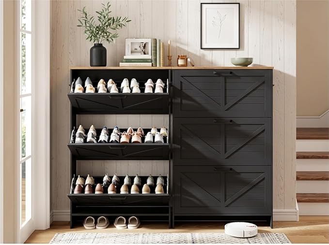 Nicetree Shoe Cabinet for Entryway, 3 Flip Drawers Shoe Storage Cabinet with 3-Tier Adjustable Shelves, Ultra Slim Freestanding Hidden Shoe Organizer with Barn Door Design, Matte Black
