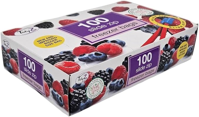 TidyZ 100 Slide Zip Lock Bags, Food Storage Freezer Bags, BPA Free Zip Seal Freezer bags for Fruit, Vegetables, Meat & Snacks - Reusable. In a dispenser Box. Large 23x23cm