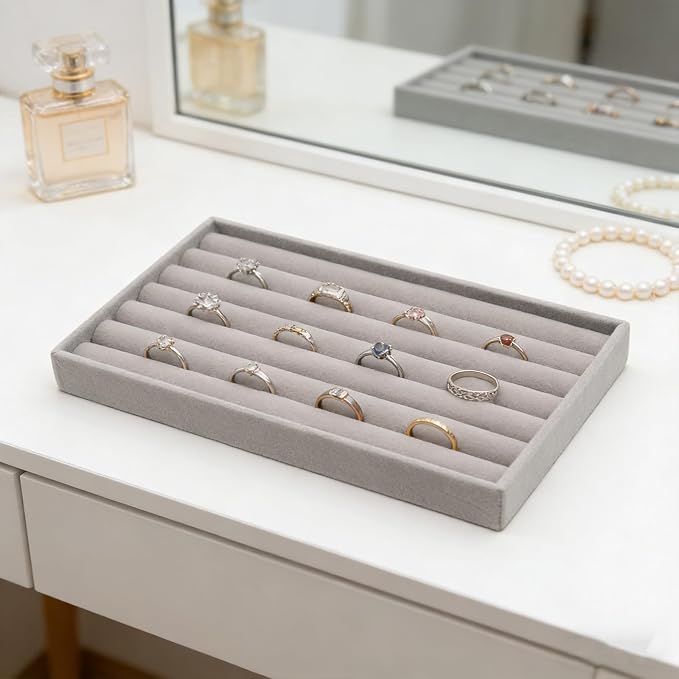 Velvet Jewelry Organizer Trays Gray Stackable Jewelry Storage Display Tray, 8 Rolls