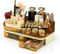 Makeup Organizer Countertop with Dual Drawers, Large Capacity Cosmetic Storage for Vanity Bathroom Skincare, 360° Rotating Makeup Brush Holder