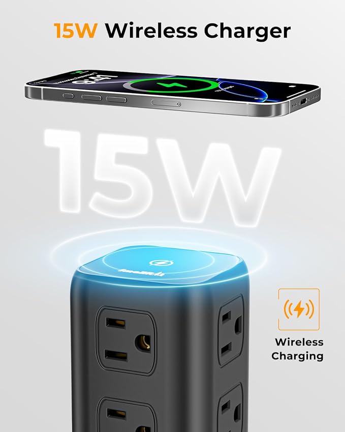 Power Strip with 12 Outlets 4 USB (1 USB C), 6.5Feet Extension Cord with Multiple Outlets, Charging Station, Power Strip Tower, Home Office Desk Supplies