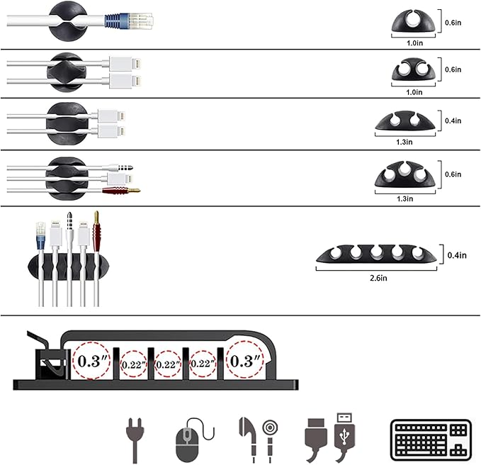 ELII 300PCS Cable Management Kit,4 Cable Sleeve 35 Cable Clips | 11Cord Holders,20 Roll Cable Organizer Straps, 200 Fastening Cable Ties,20 Cable Zip Tie Mounts for Computer TV Under Desk