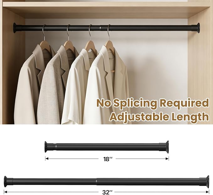 TOPROD Closet Rod,18 to 32 Inches Adjustable Closet Rods for Hanging Clothes Heavy Duty Closet Hanging Rod Closet Poles for Wardrobes,RV,Laundry