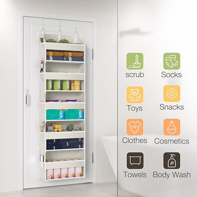 Over the Door Organizer with 5 Front & 10 Mesh Side Pockets, 50LB Capacity Extra Large Hanging Storage Organizer Multi-Room Space-Saving Hanging Shelves with 3 Hook for Closet, Kitchen, Pantry, Beige