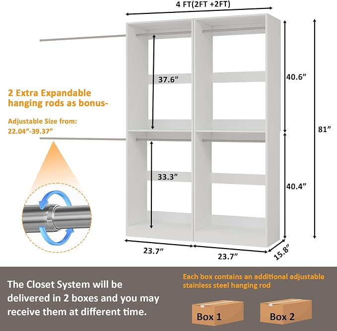 Closet System 4FT-10.5FT, 6 Rods, 81" Tall, Modular | 2 Sets Wooden Closet Organizer System with 6 Expandable Rods, Double-Hang Design & Anti-Tip Baseboard Notch