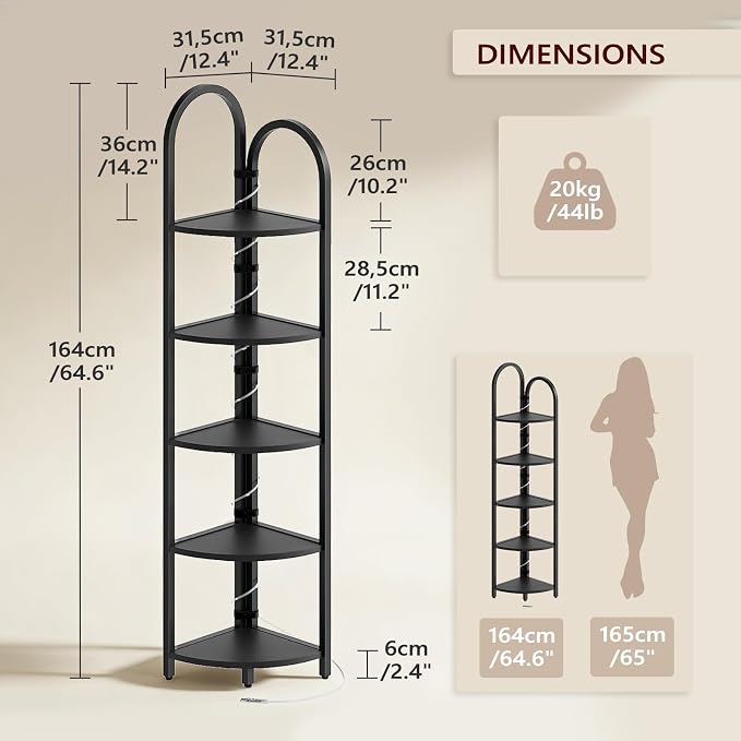 MAHANCRIS 5-Tier Corner Shelf with LED Light, 64.6'' Arched Corner Bookshelf, Narrow Storage Shelf with Metal Frame, for Living Room, Bedroom, Small Spaces, Black CSBK55101
