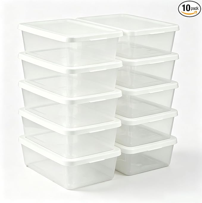 Storage Bins with Lids, 10 Pack 6 Qt Clear Plastic Storage Boxes with Snap On Handles, Stackable Shoe Organizer Containers for Home, Closet, Bedroom, Craft and Toy, White