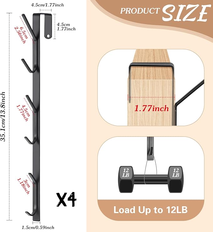 Tandefio 4 Pack 13.8" Over The Door Hook Hanger Comes with 6 Hooks from Large to Small Metal Extra Long Over The Door Hooks Hanger for Hats Rack Coat Scarf Purse Bags Scarf Keys and More (Black)