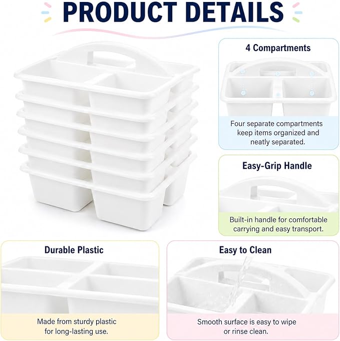 gisgfim 6 Pack Plastic Classroom Caddy with 4-Compartments Plastic Storage Caddies with Handle 4 Compartments Table Caddy Organizer Versatile Table Caddies for Classroom Office, White