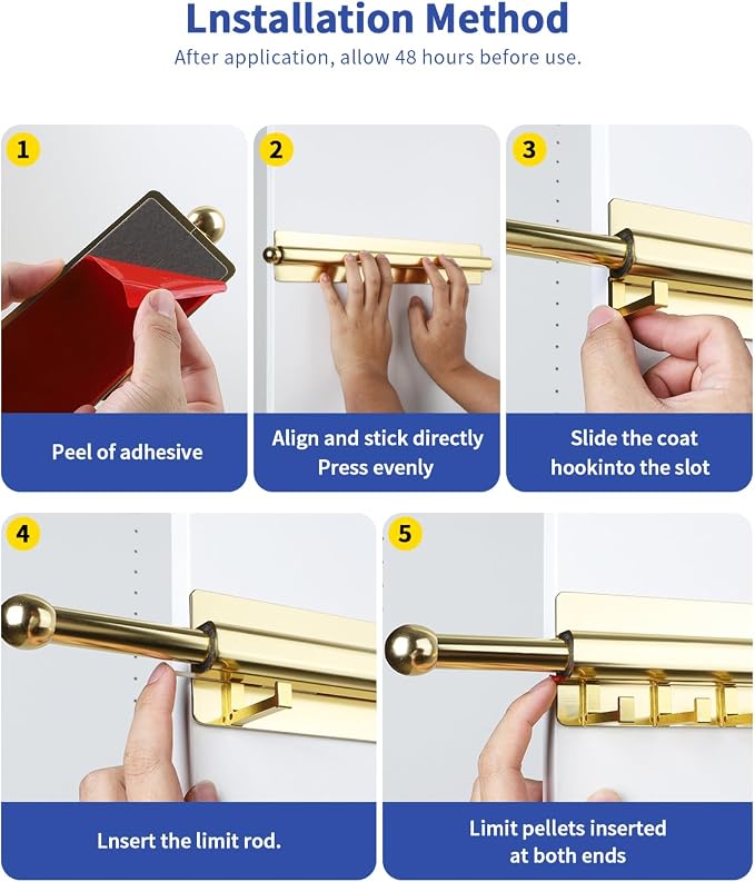 BaiNong Adhesive Valet Rod for Closets Pull Out 16.5" Gold with 10 Hooks | Multifunctional Closet Valet Rod Slide Out for Closets Belt Organizer for Closet Tie Rack Hanger for Closet Space-Saving