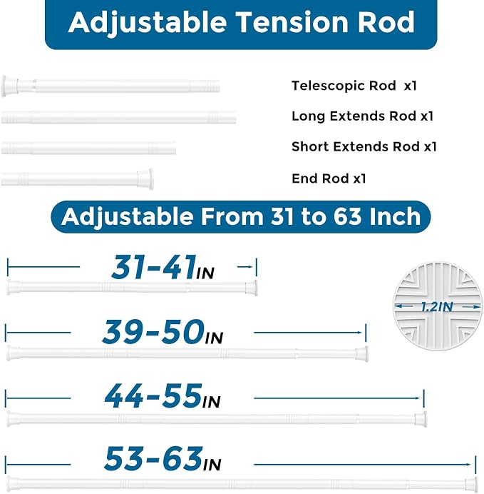 AIZESI 2Pack Tension Curtain Rod 31-62 Inch Adjustable Spring Loaded Curtain Rods No Drilling Tension Rods for Window Doorway Kitchen Curtain Closet,7/8" Diameter, White