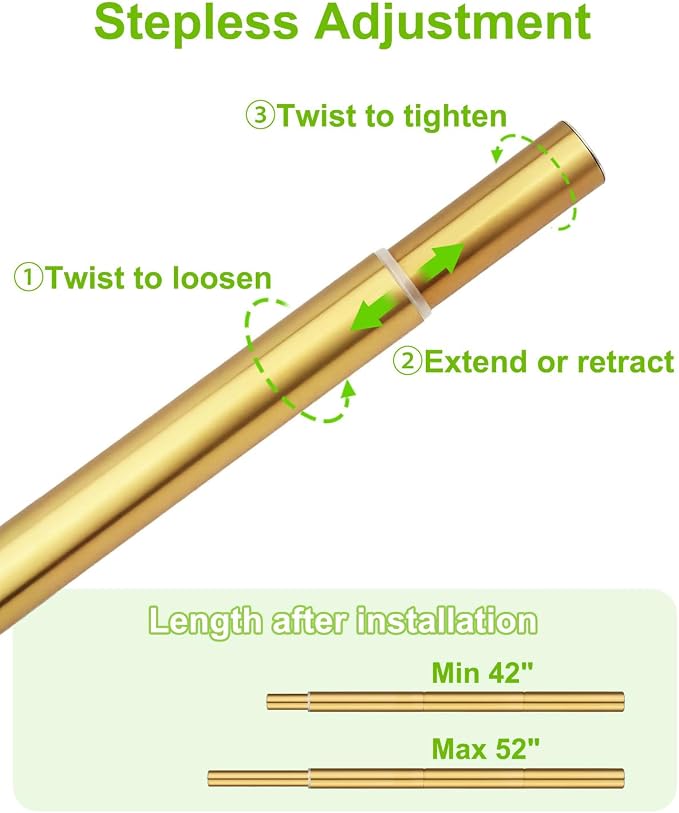 Closet Rod, Adjustable Rod for Hanging Clothes, 42 to 52 Inches Clothes Rod for Closet, Gold