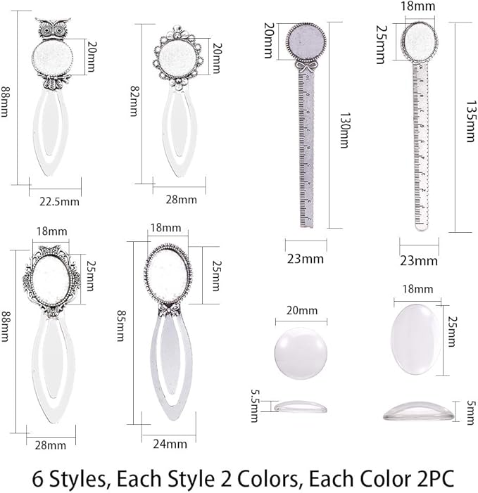 SUNNYCLUE 12Pcs 2 Styles Ruler Bookmark Pendant Tray Kit with 8Pcs Bookmark Cabochon Setting 4Pcs Ruler Cabochon with Clear Oval Round Glass Cabochon for DIY School Office Supplies Book Gifts Making