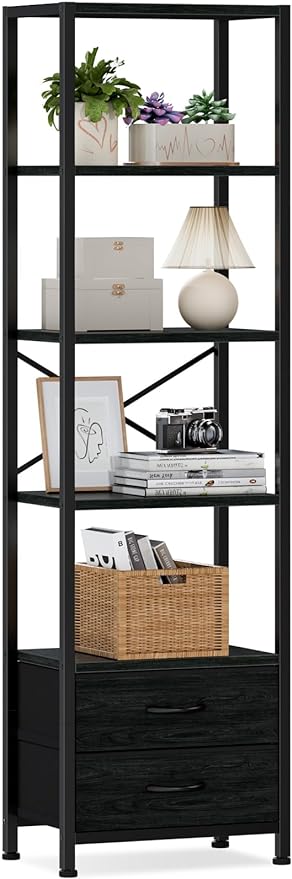 Furnulem 5-Tier Tall Corner Shelf, Narrow Bookshelf with Drawers | 65.16" H Black Bookcase,Fabric Bins and Metal Frame,Wood Display Shelf for Bedroom,Living Room,Home Office. Easy to Assemble