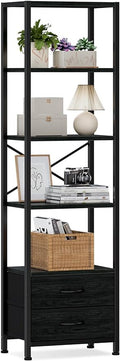 Furnulem 5-Tier Tall Corner Shelf, Narrow Bookshelf with Drawers | 65.16" H Black Bookcase,Fabric Bins and Metal Frame,Wood Display Shelf for Bedroom,Living Room,Home Office. Easy to Assemble
