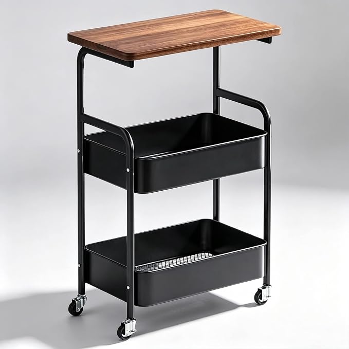 3 Tier Metal Storage Utility Cart with Wooden Top, Rolling Home Organizer | Stable and Sturdy, 2 Lockable Wheels, Multi-Purpose for Snacks, Coffee, Craft, Makeup, Garage, Bedside, Kitchen, Office