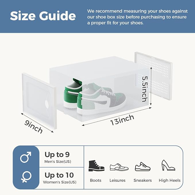 DUMOS Shoe Storage Boxes, 12-Pack Stackable Clear Shoe Containers with Lids, Display Sneaker Case Organizer for Closet, Under Bed, Entryway,Light White, Fit Size 9