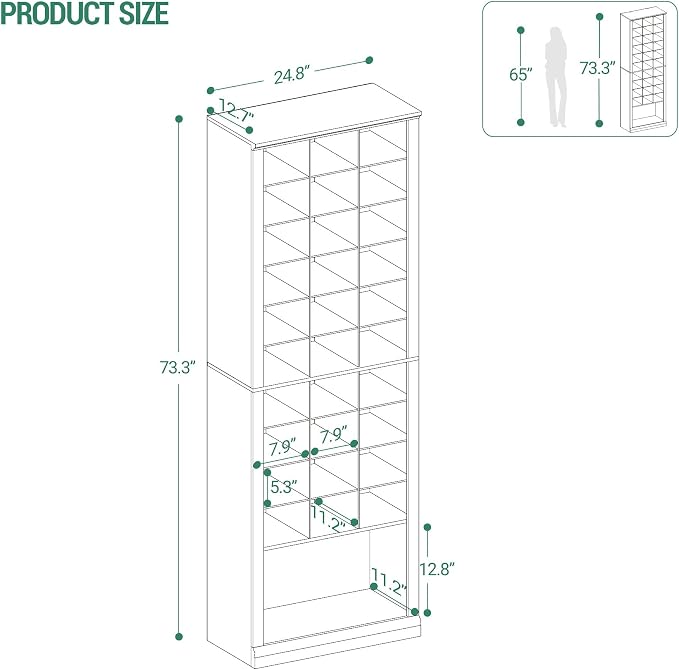 Hzuaneri 11 Tiers Shoe Storage Cabinet, Tall Shoes Cabinet with Cubby, Freestanding Wooden Shoe Organizer, 30-33 Pairs, Shoes Cubby Organizer for Entryway, Bedroom, White 02001BSR