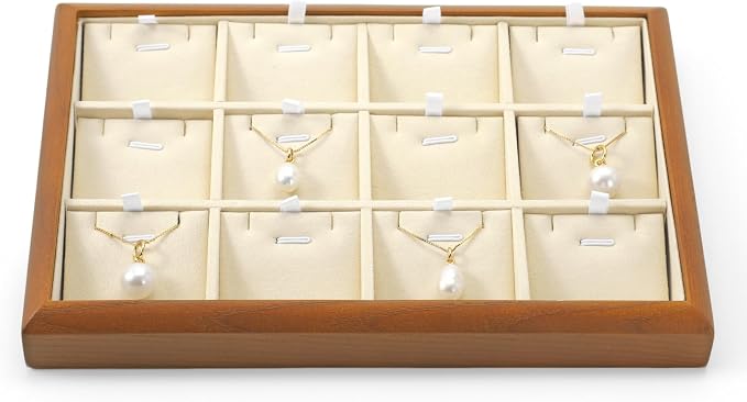 Oirlv Solid Wood 12 Grid Liner Pendant Jewelry Organizer Tray Jewelry Drawer Organizer(Creamy-white)