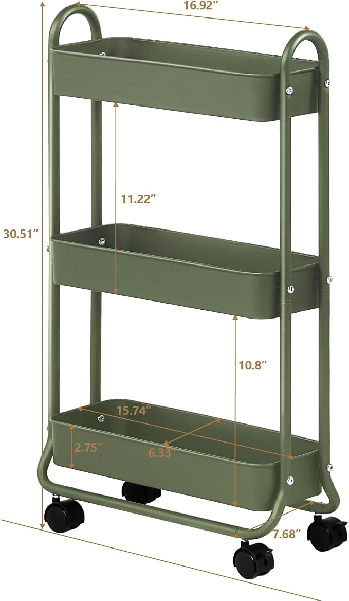 SunnyPoint Slim Rolling Storage Cart, 3 Tier Bathroom Storage Organizer Bathroom, Laundry Utility Cart (Army)