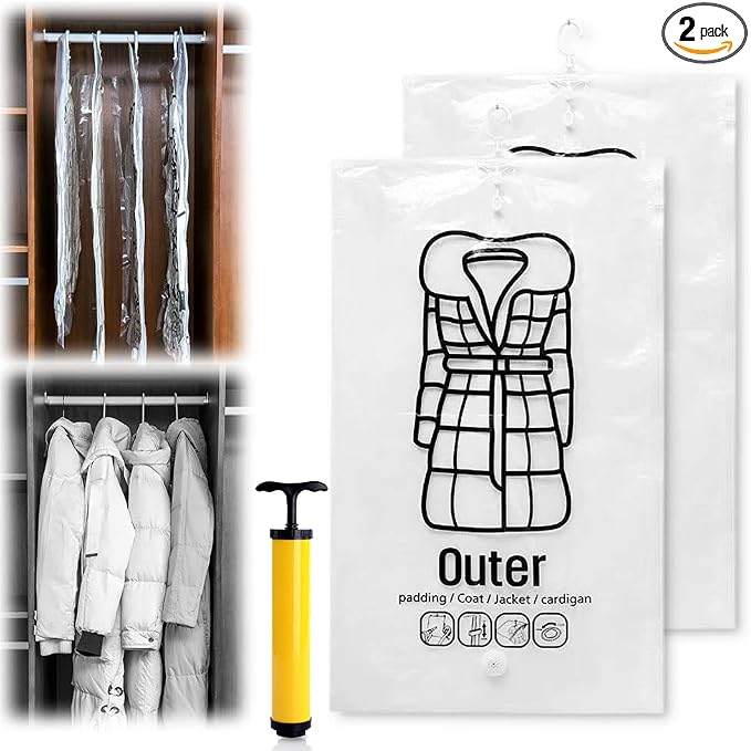 Hanging Vacuum Storage Bags, 2023 New Reusable Hanging Compressible Storage Bag Space Saver Bags with Hand Pumps, Upgrade Clothes Vacuum Seal Storage Bag for Suits Dress Jackets (Large, 2Pcs)