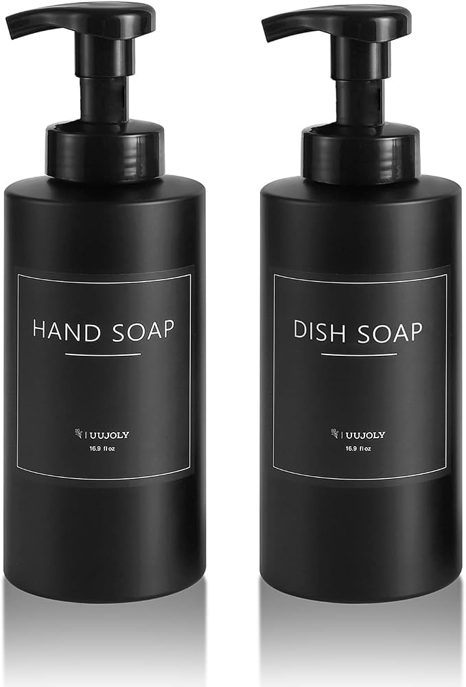 Foaming Soap Dispenser, 17 OZ Refillable Pump Bottle, 2 Pack, Black | Pump Bottle for Liquid Soap, Shampoo & Body Wash – PETG Material, Reusable, Refillable, Bathroom & Kitchen Ready