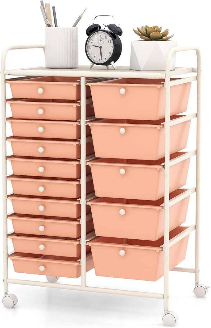 DREAMADE Rolling Cart with 15 Drawers, Rolling Drawer Organizer Cart w/Lockable Wheels, Removable & 2-Sized Storage Drawers, Art Cart for School Home Art Supplies Crafts File Scrapbook