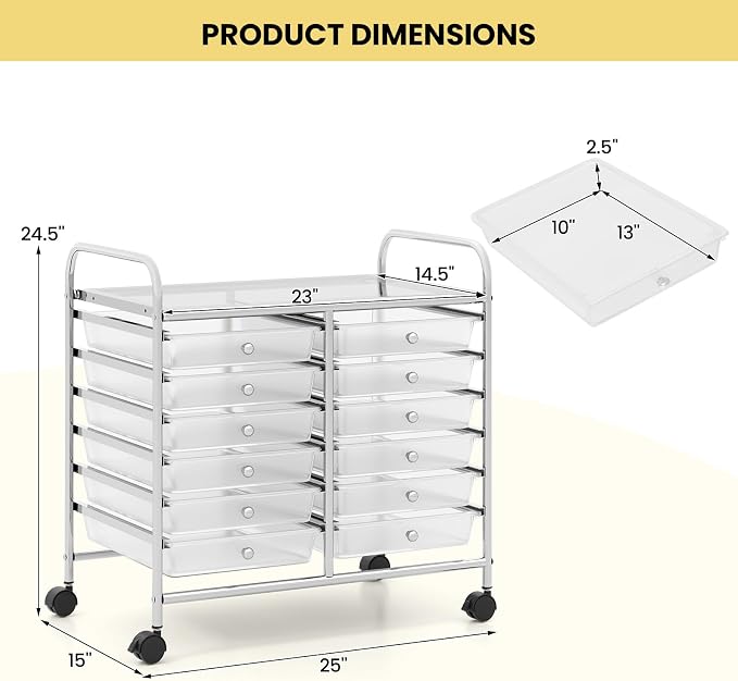 LDAILY 12 Drawer Rolling Storage Cart, Craft Cart Organizer on Wheels w/Metal Frame, Large Capacity & Smooth Drawer, Rolling Cart w/Drawers for Classroom, Office