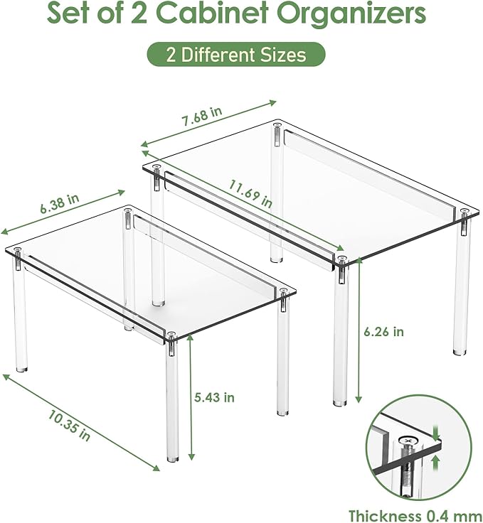 Delamu Clear Kitchen Cabinet Organizer, Set of 2 Acrylic Shelf Organizer for Cupboard Organizers and Storage, Stackable Cabinet Shelf for Plate, Dish, Bowl, Cup & Mug, 11.7" W x 7.7" D x 6.3" H