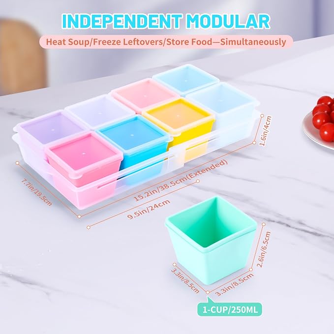 Gemice 1-Cup Silicone Freezer Molds with Lids & Base for Soup, 8-Pack | Oven & Dishwasher Safe, BPA-Free Soup Portion Cubes Trays, Freezer Containers for Food Storage & Meal Prep