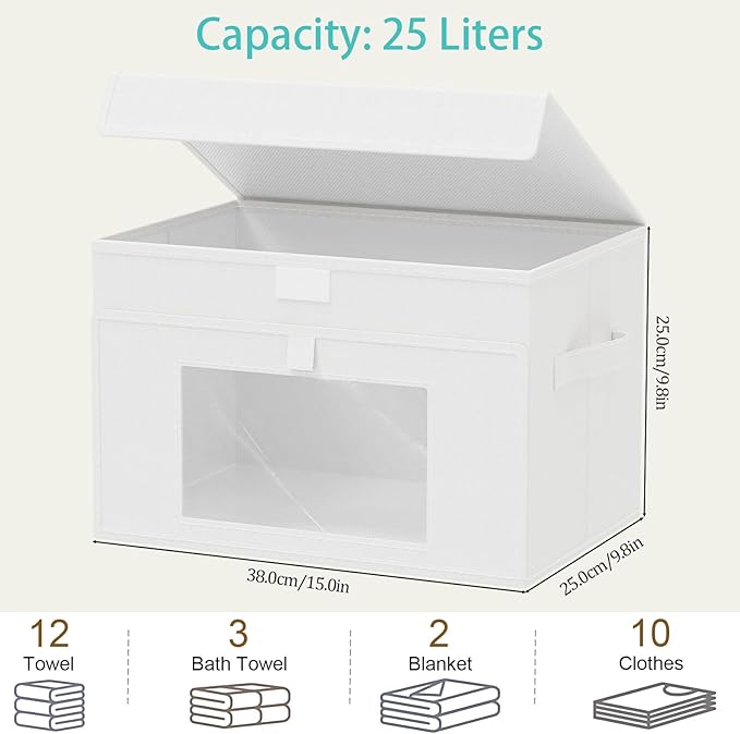 Storage Bins with Lids, Cube Organizer Basket with Window, Closet Boxes with Carrying 2 Handles and Sturdy PP Support Plate, 2 Pack, White, 15 x 9.8 x 9.8 In, XSNY17WL-2