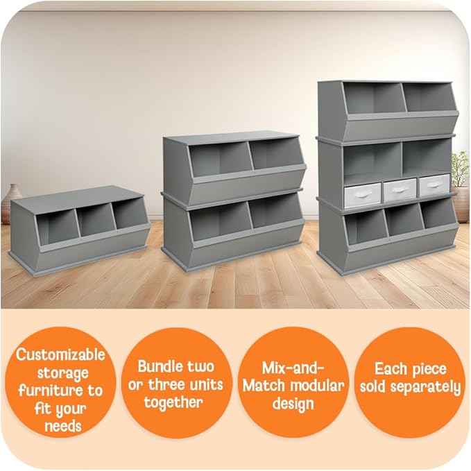 Badger Basket 3-Bin Stackable Toy Storage Organizer and Cubby for Kids – Durable Plastic Bins, Easy Access Storage for Toys, Books, and Kids’ Room – Charcoal Gray