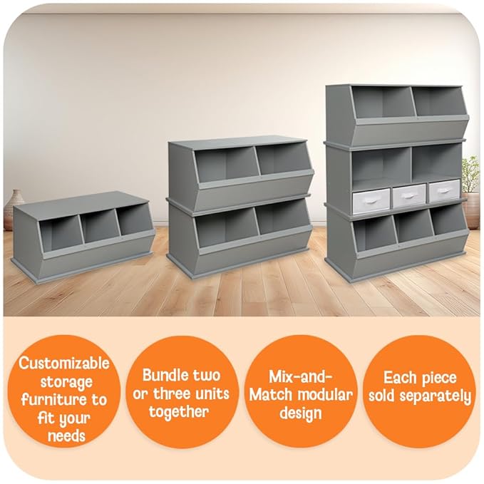 Badger Basket Stackable 3-Bin Storage Cubby - Modular Toy and Craft Organizer with Wide Mouth Bins, Expandable Design, Solid Panel Construction - Compatible with Other Units - Espresso