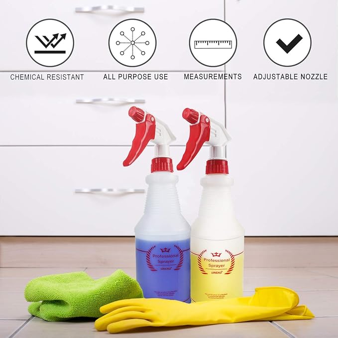 Uineko Plastic Spray Bottle (4 Pack, 32 Oz, All-Purpose) Heavy Duty Spraying Bottles Leak Proof Mist Empty Water Bottle for Cleaning Solution Planting Pet with Adjustable Nozzle and Measurements