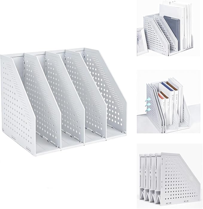 Marte Vanci Collapsible Magazine File Holder with 4 Vertical Compartments, Binder Holder for Desk, Desktop Binder Organizer for Notebook, Documents, Book, School Office Supplies(Light Gray)