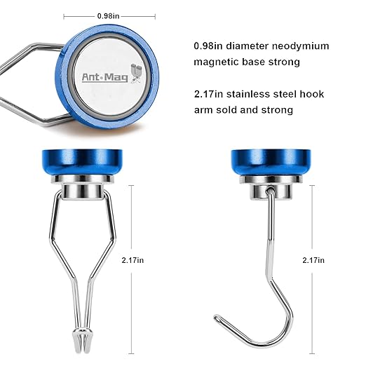 Ant Mag Swivel Magnetic Hooks 50lbs Heavy Duty Grill Magnet Hooks 4 Pack with Scratch Proof Stickers Great for Home Refrigerator Kitchen Store Grill BBQ Office Warehouse (Blue)