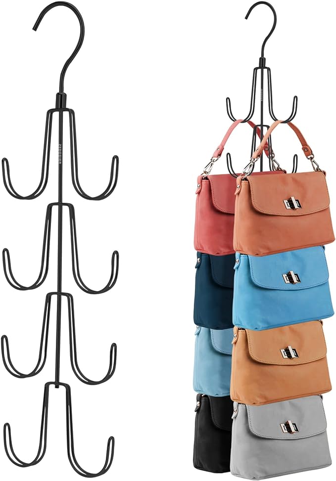 ZEDODIER Purse Organizer for Closet, Rotatable Purse Hanger Bag Holder, Max 8 Storage Capacity Backpack Rack, Metal Space Saving Hanger, Black
